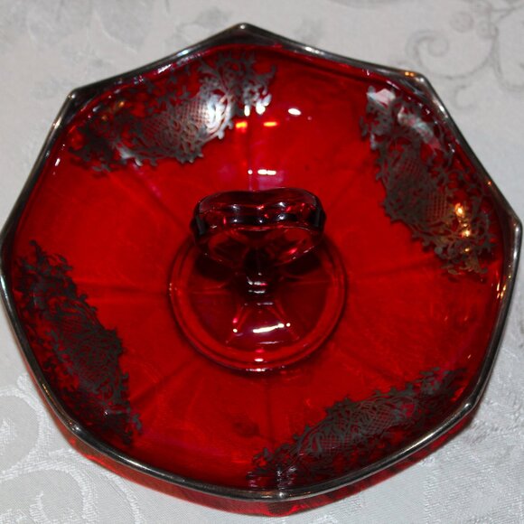Gorgeous Ruby Silver Overlay Candy Dish | Heart-Shaped Handle | Octagonal - Picture 1 of 6